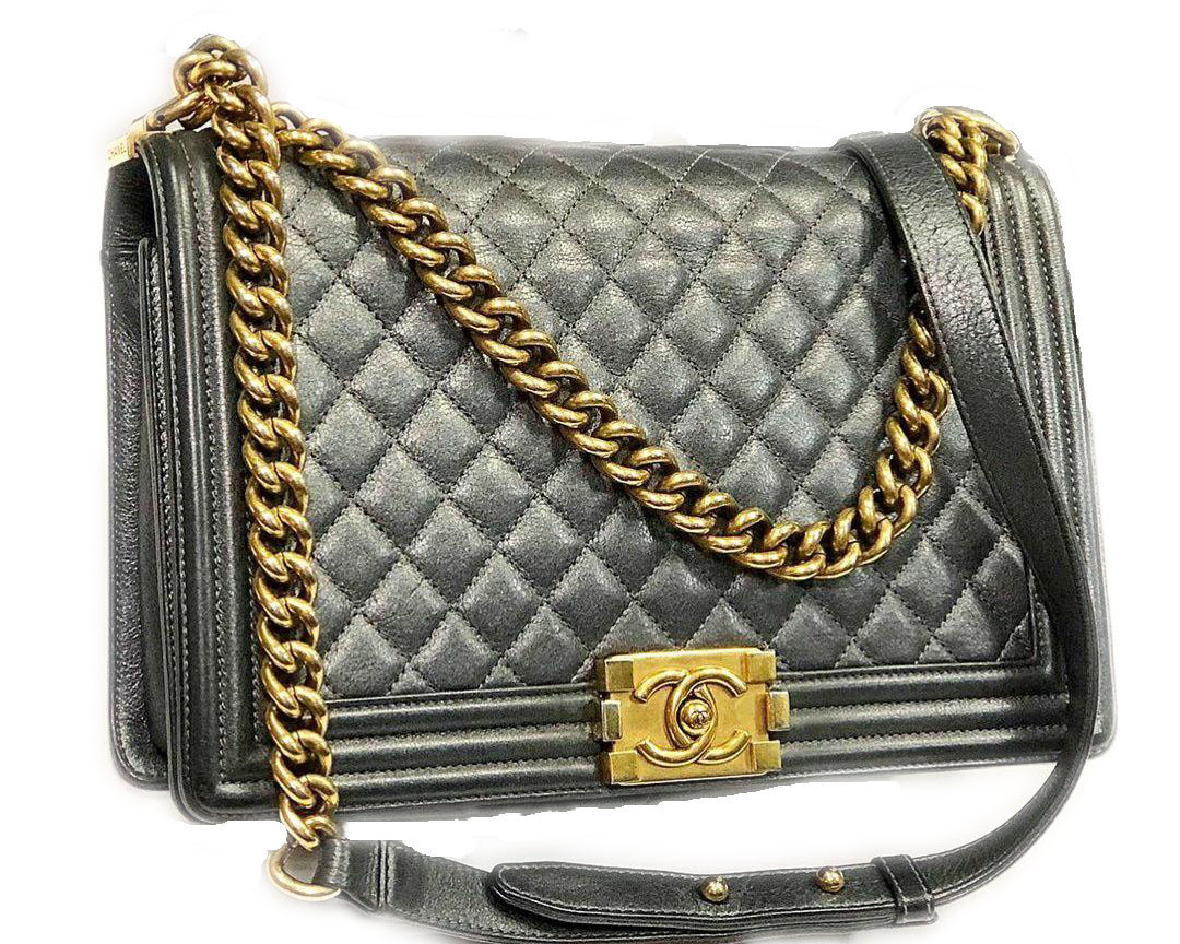 Chanel Le Boy Old Medium 20B Gray Quilted Caviar with light gold hardware