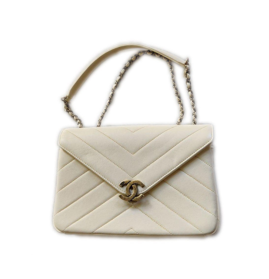 Pre-owned Chanel Chevron Coco Envelope Ivory Leather Bag